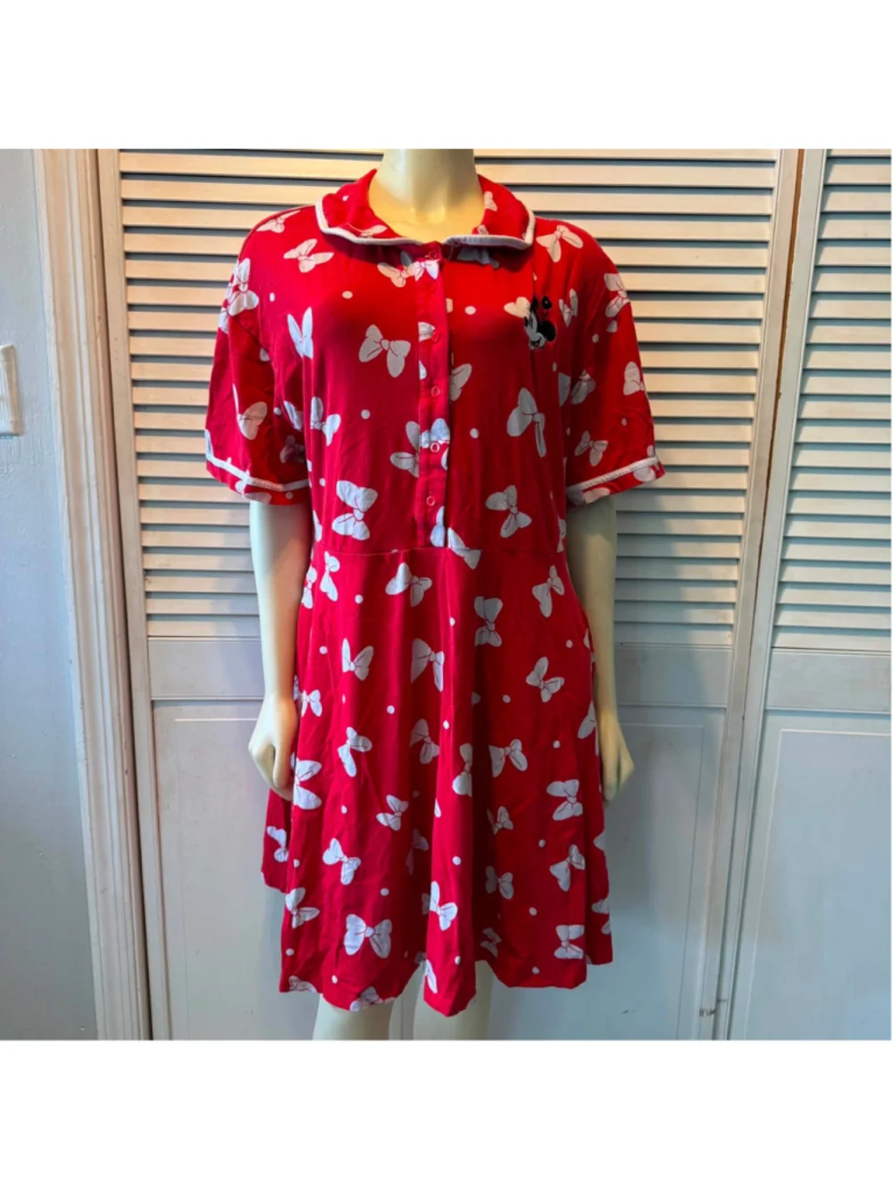 Disney Minnie Mouse Bow Print Women Pajama Dress Red White Size 1X